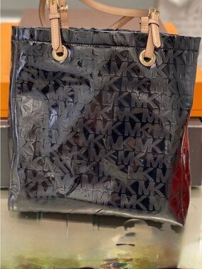 Michael Kors Black Patent MK Logo Tote with Tan Leather Handles